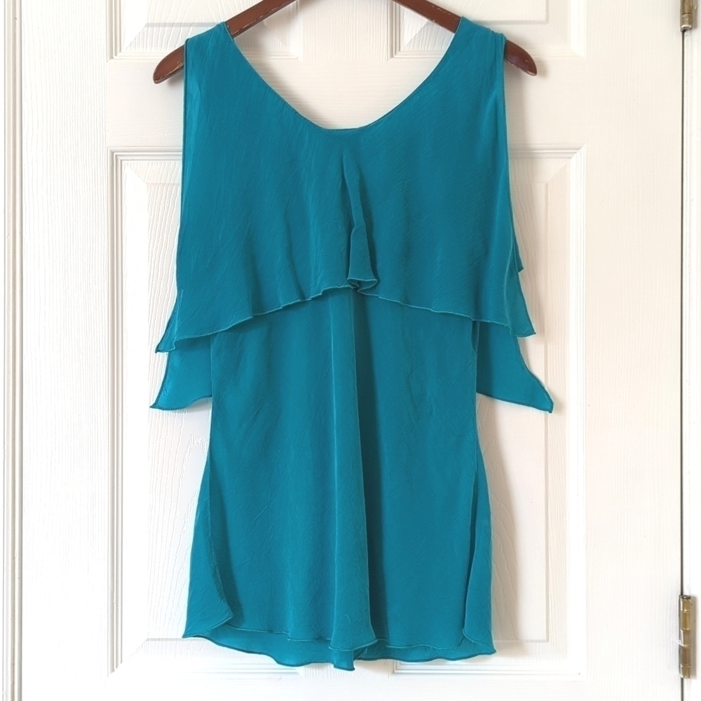 Click by Color Me Cotton 90's Vintage Flowy Layered Chiffon V-neck Tank Top Teal - Picture 10 of 11